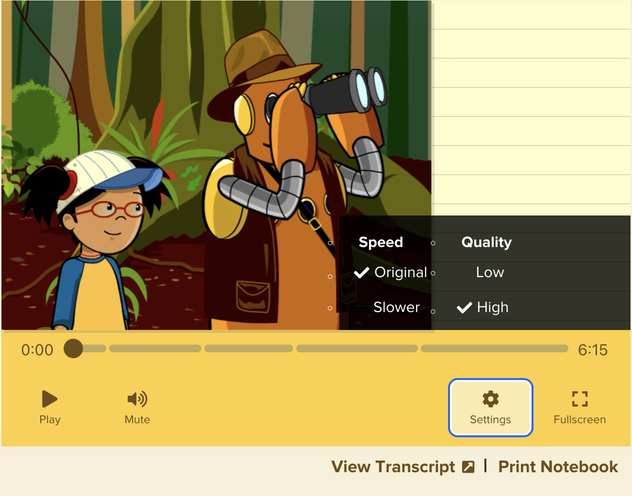 The settings tab on the BrainPOP Jr. video player has options for speed and quality.