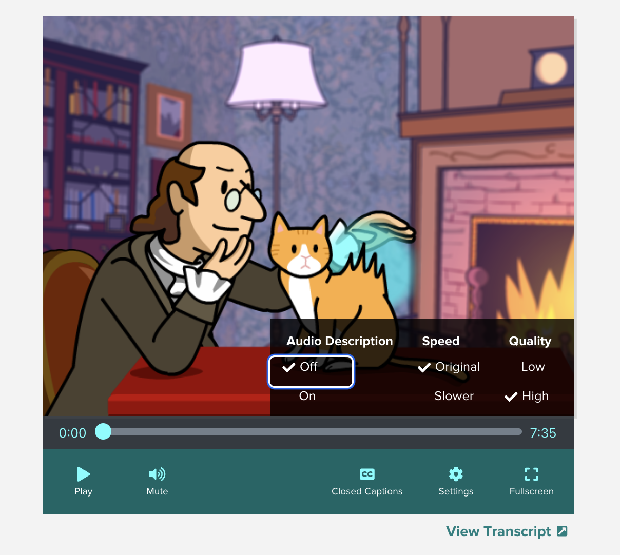 In addition to closed captions, the settings button on the movie player provides options for audio descriptions, speed, and quality.