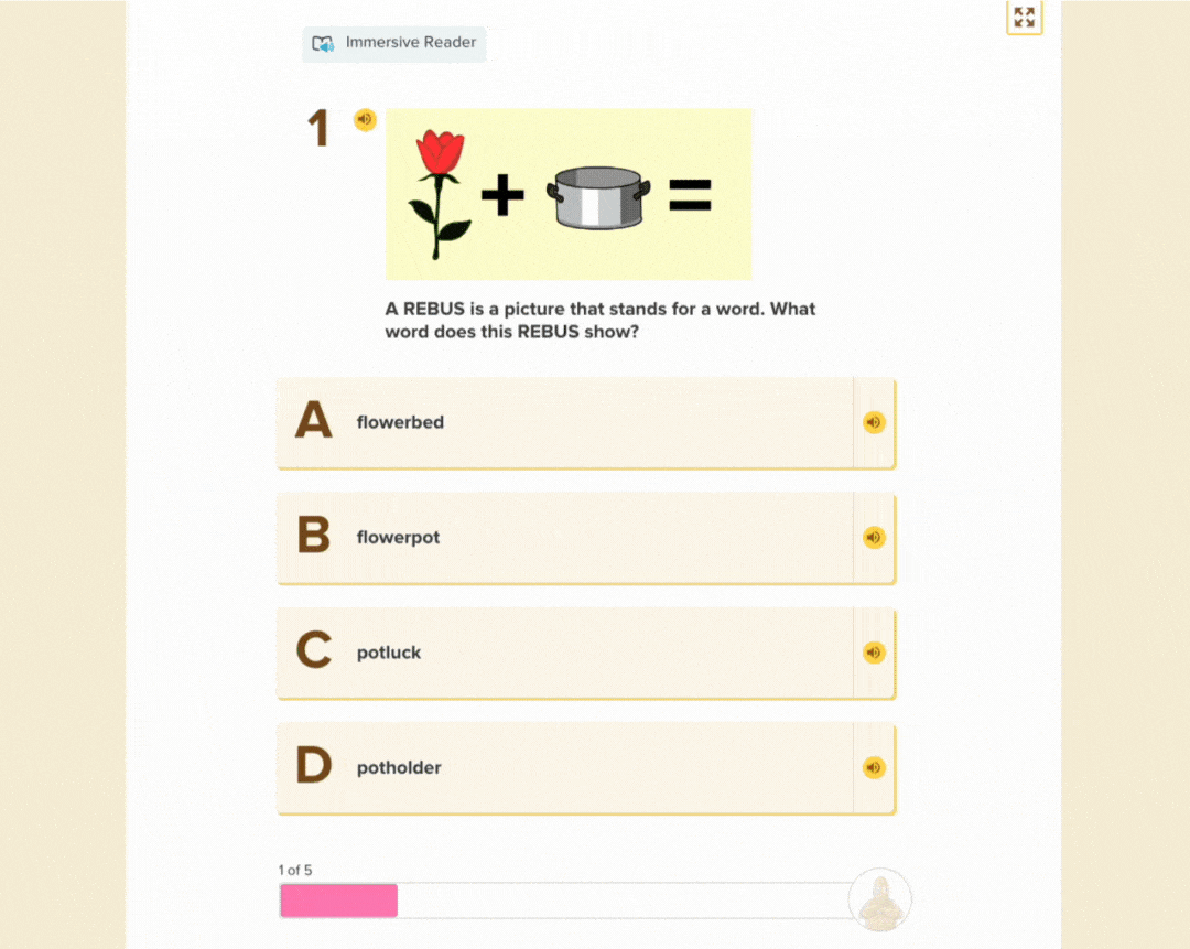 Multiple choice quiz question reads "SUNUP is the timein the morning where the sun rises. What is the time of day when the sun sets?" A: Sundown, B: Sunshine, C: Sunspot, or D: Sunlight. A is selected and a green Moby icon shows the answer is correct.