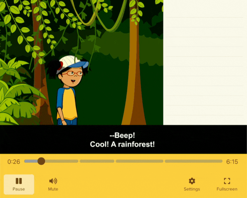 Annie explains to Moby that a rainforest is a large, thick forest habitat that gets a ton of rain. Moby says "Beep!" and the two characters get rained on.