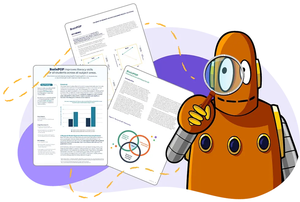 Moby with a magnifying glass next to research reports