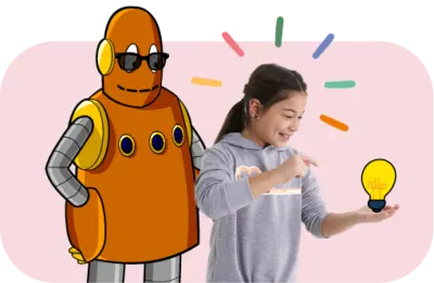 Moby with sunglasses on next to a girl holding an illustrated lightbulb