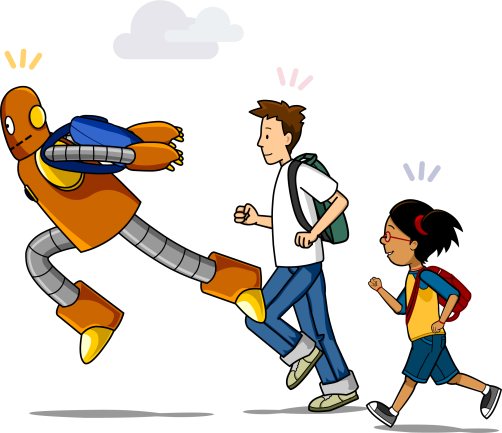 Moby, Tim, and Annie run with backpacks on towards a school