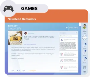 Games: Screenshot of Newsfeed Defenders game where kids must identify the scams within a newsfeed