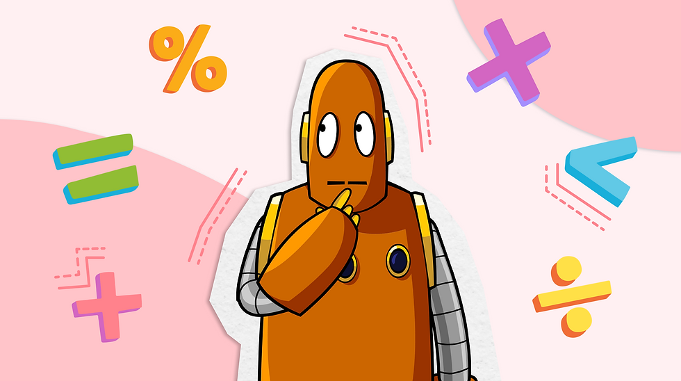 Moby the orange robot surrounded by math-related icons, in a thinking pose.