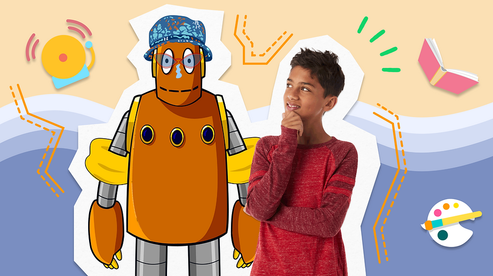 A boy in a red shirt ponders next to BrainPOP's cartoon robot, Moby, wearing a summer blue hat. Background has colorful icons like a book and bell.