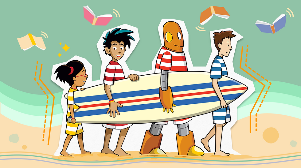 Three kids and a friendly robot carry a striped surfboard on a beach. Books float above them against a green background, creating a playful scene.