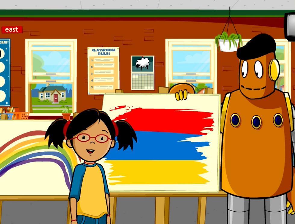 Annie and Moby with a beret stand next to a canvas painted with red, blue, and yellow