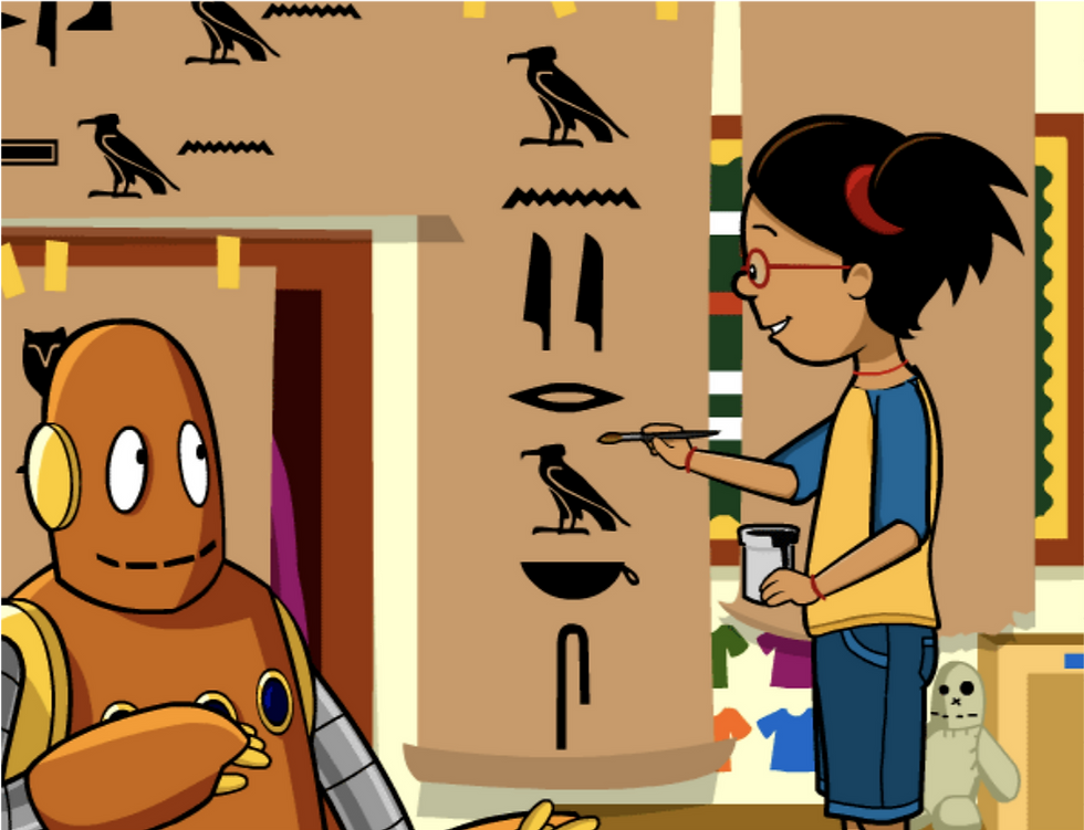 BrainPOP Jr. movie still from Ancient Egypt depicting Moby and Annie painting hieroglyphics