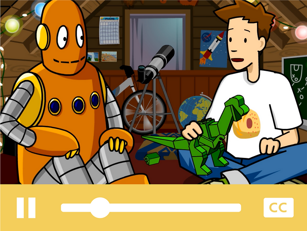 Tim and Moby inside a video player, playing with a dinosaur
