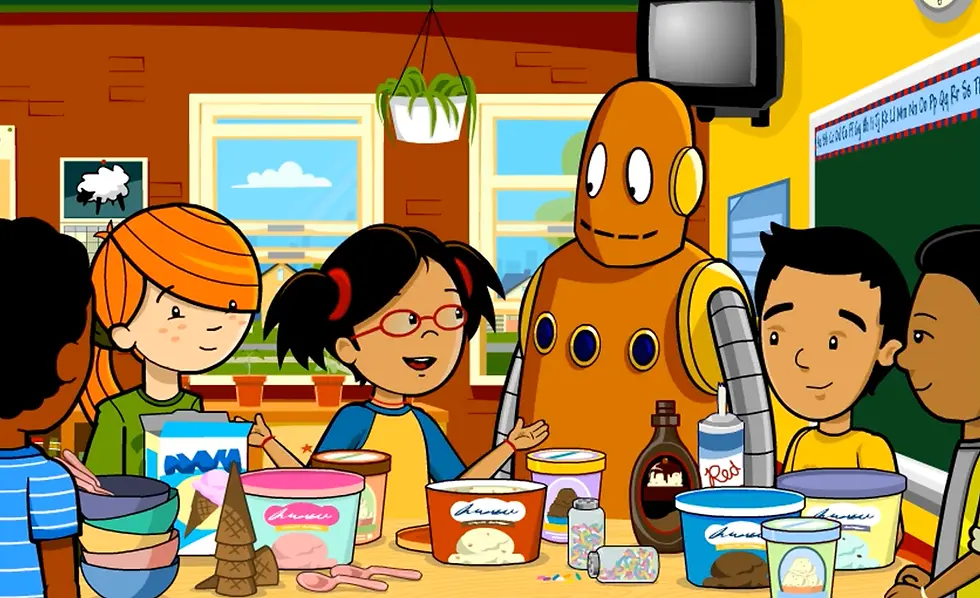 Annie, Moby, and three friends gather around a kitchen table covered in tubs of ice cream and toppings.