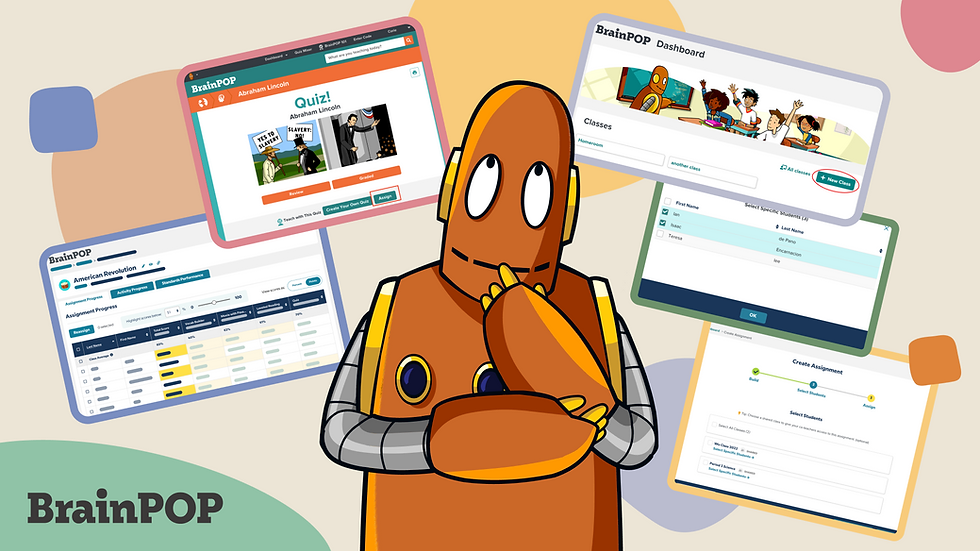 Moby surrounded by BrainPOP Homeschool activities and reporting tools
