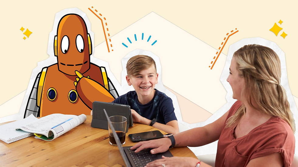 Parent, child, and Moby sit around the kitchen table doing homework together