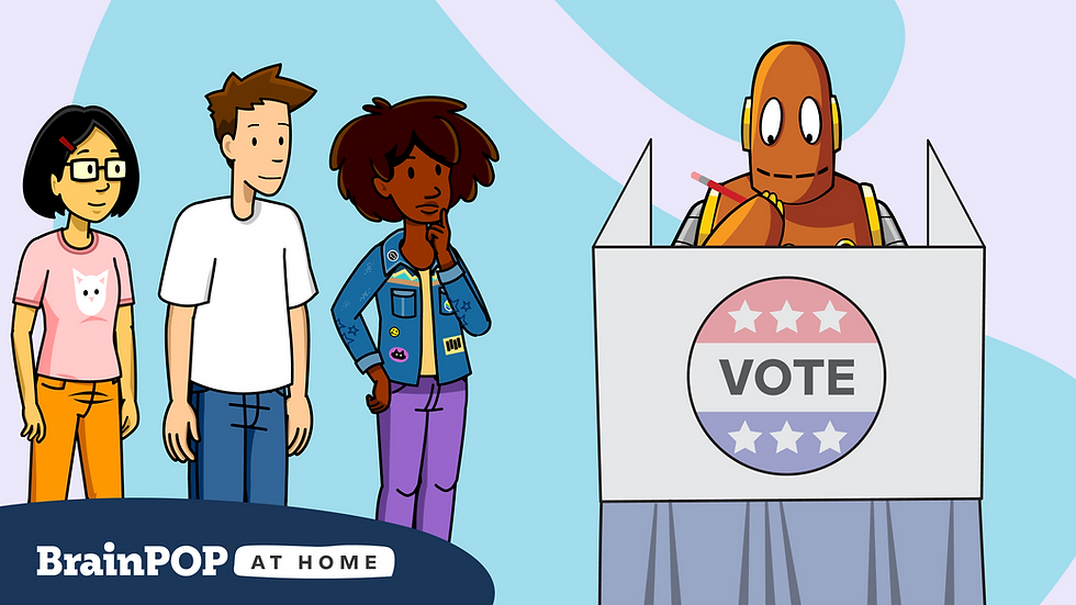 Rita, Tim, and Nat observe a contemplative Moby in the voting booth