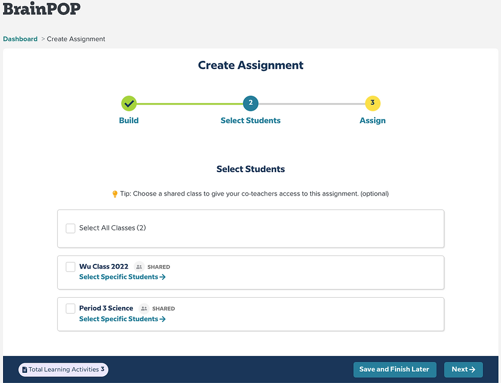 The "Select Students" stage of creating an assignment