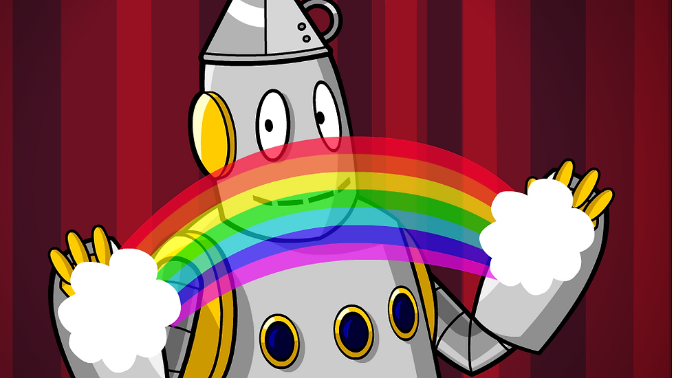 Moby dressed as the Tin Man from "The Wizard of Oz" with a rainbow between his hands