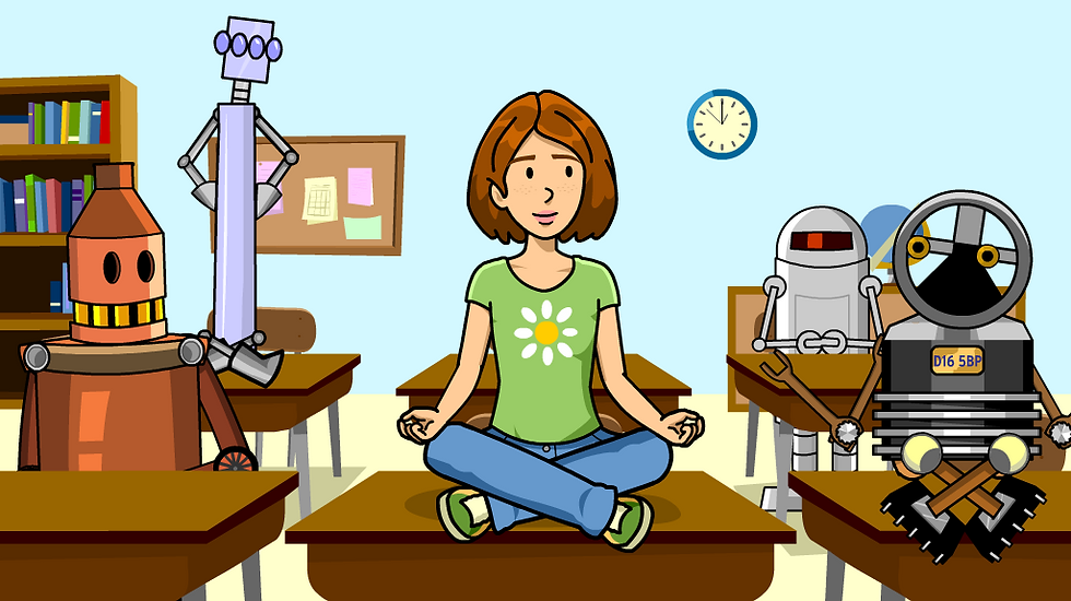 Cassie sits in lotus position on a classroom desk, surrounded by robot classmates