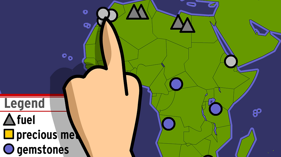 Finger on a map pointing. The legend identifies which shapes symbolize fuel, precious metals, and gemstones.