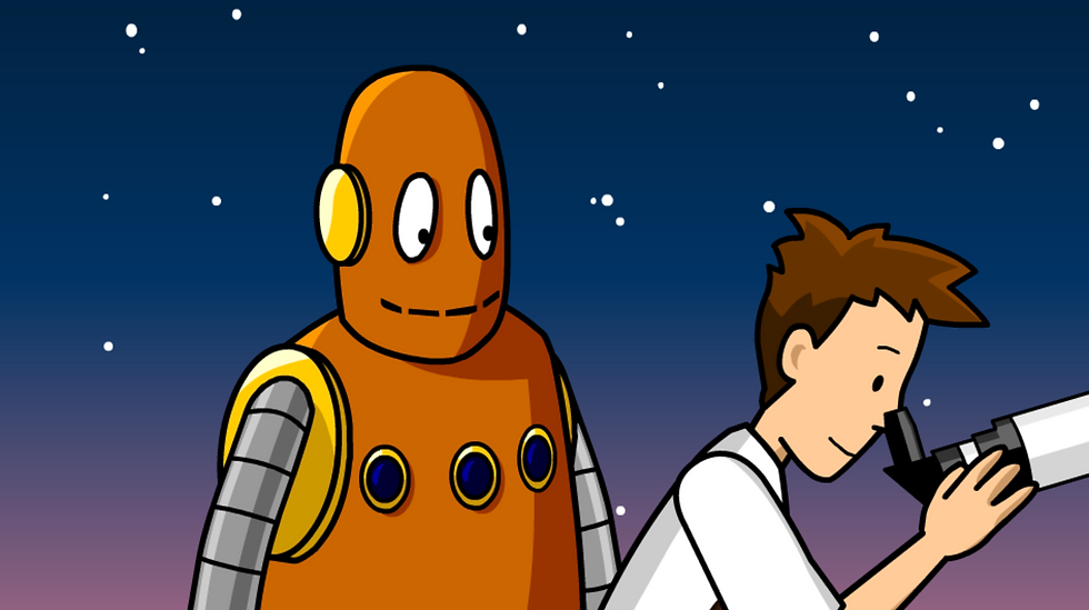 Tim and Moby against a starry night sky, peering through a telescope