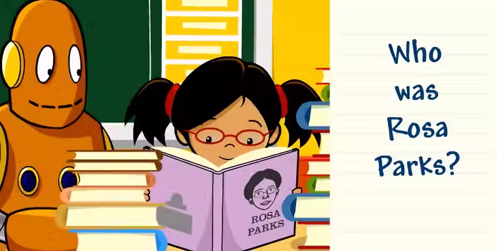 Annie and Moby next to a pile of books. Annie is reading a book about Rosa Parks. The note next to Annie reads "Who was Rosa Parks?"