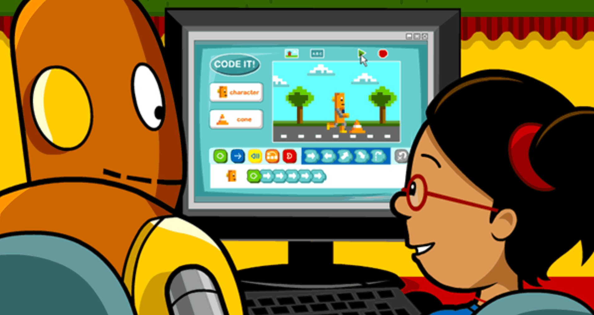 Annie and Moby code a game together