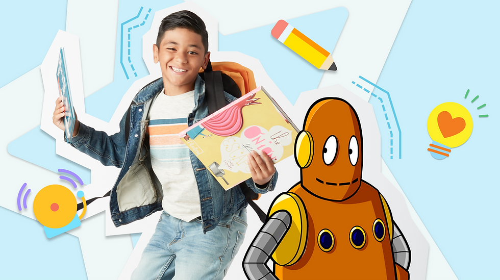 Child jumping in the air while holding school supplies next to Moby