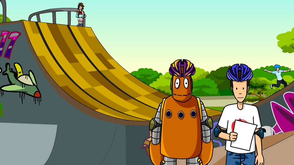Tim and Moby with helmets and protective gear next to a skateboard ramp