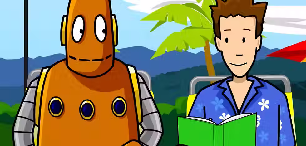 Tim and Moby in Hawaiian shirts, reading a book on vacation