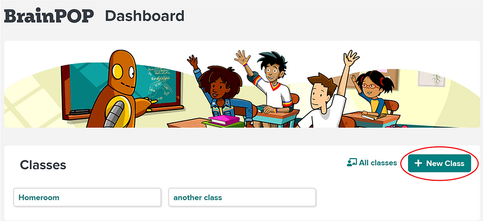 On the BrainPOP dashboard, the "+ New Class" button is circled in red.
