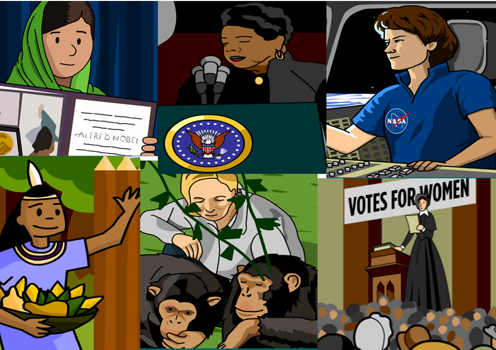 Women through history including Malala, Maya Angelou, Sally Ride, and Susan B Anthony