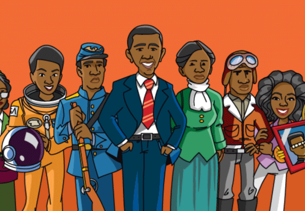 BrainPOP characters of Black figures through history, including Mae Jemison, Tuskegee Airmen, Barack Obama, Fannie Lou Hamer, and Oprah.