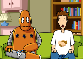 Moby and Tim sit on a couch. Tim is wearing a shirt with a handshake on it.