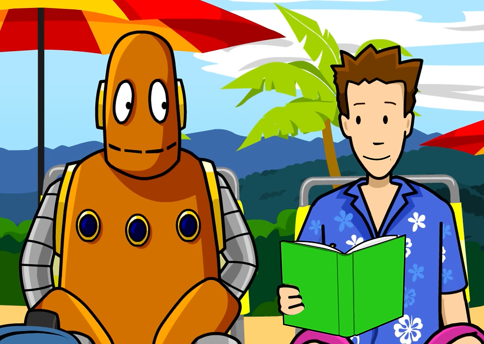 Moby and Tim sit on the beach with a book