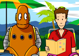 Moby and Tim sit on a beach with a book about math