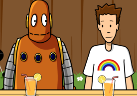 Moby and Tim drink orange juice at a table. Tim wears a shirt with a rainbow on it.