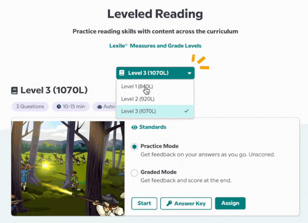 3 leveled texts to choose from (840L, 920L, 1070L) with standards, practice modes, and answer keys