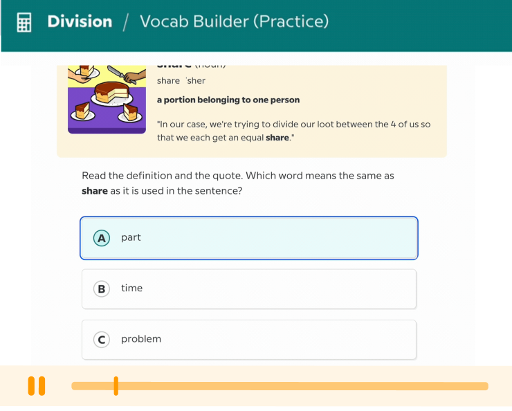 Vocab Builer tool using the word "independence" as an example. Includes pronounciation, multiple choice questions, visual example, and uses the word in a sentence. 