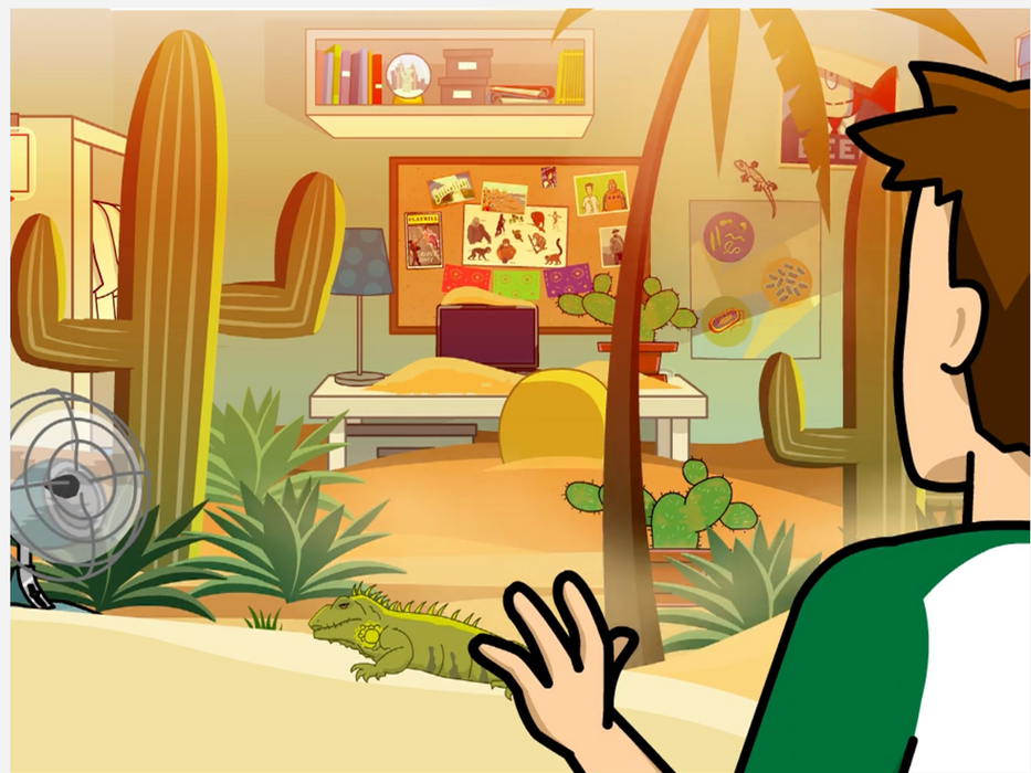 Illustration from BrainPOP's Land Biomes topic showing a boy, Tim, looking into a desert-themed bedroom filled with cacti, an iguana, and desert-inspired decor, representing a desert biome.