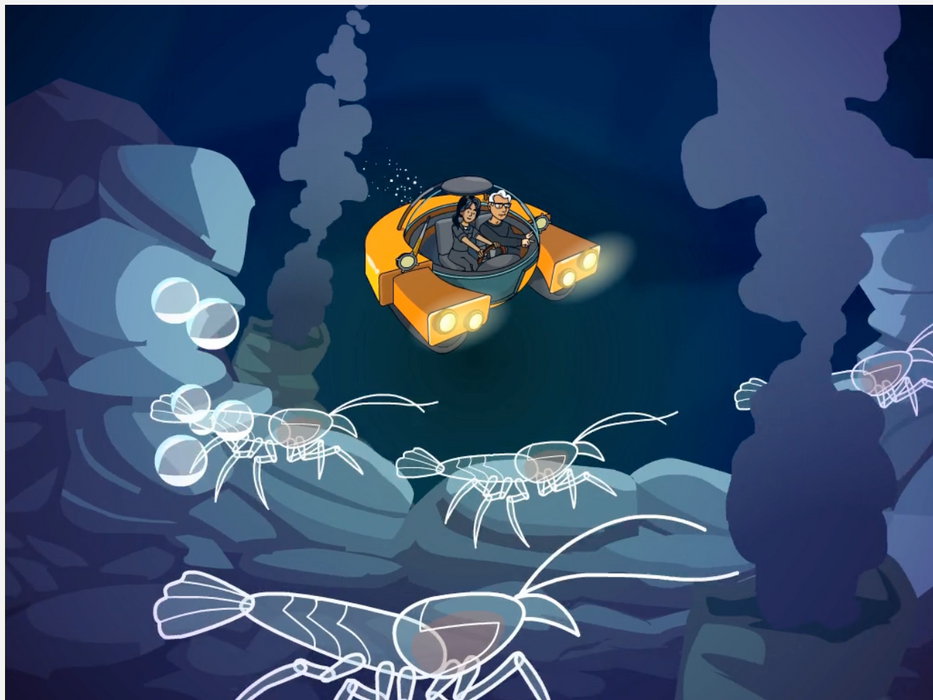 Illustration from BrainPOP's Food Webs topic showing a submersible with a diver exploring dark ocean depths, passing over a group of translucent shrimp-like creatures on rocky terrain.