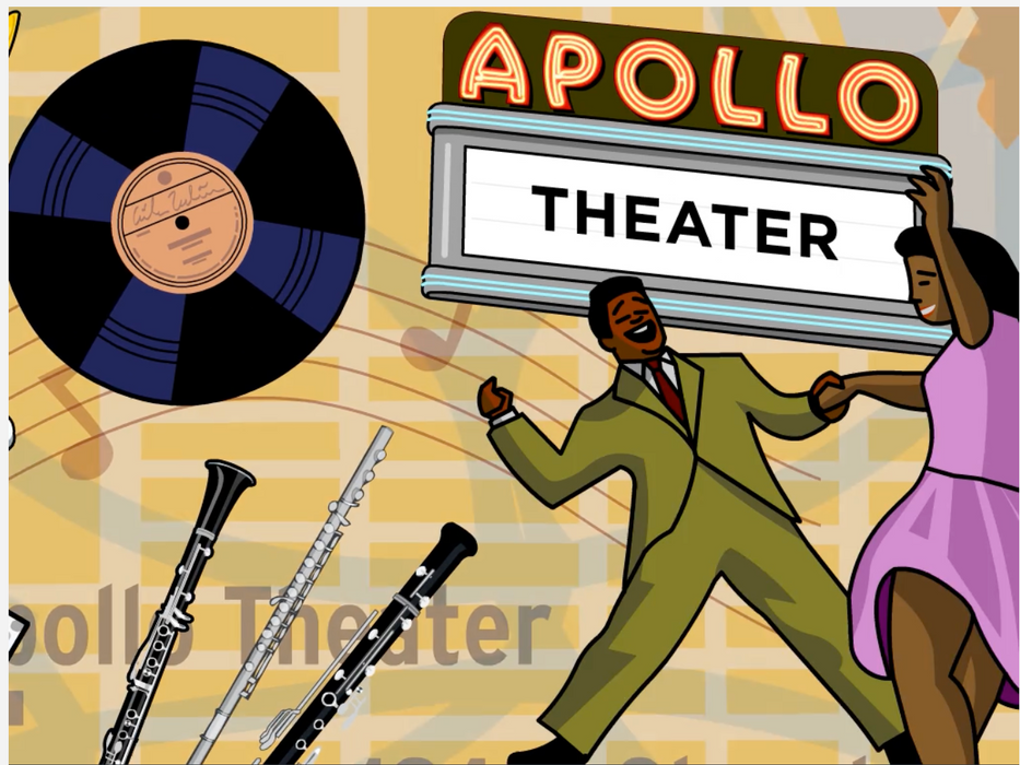 Illustration from BrainPOP's Harlem Renaissance topic showing the Apollo Theater marquee, a vinyl record, wind instruments, and a dancing Black couple in vintage attire, celebrating the era's music and culture.