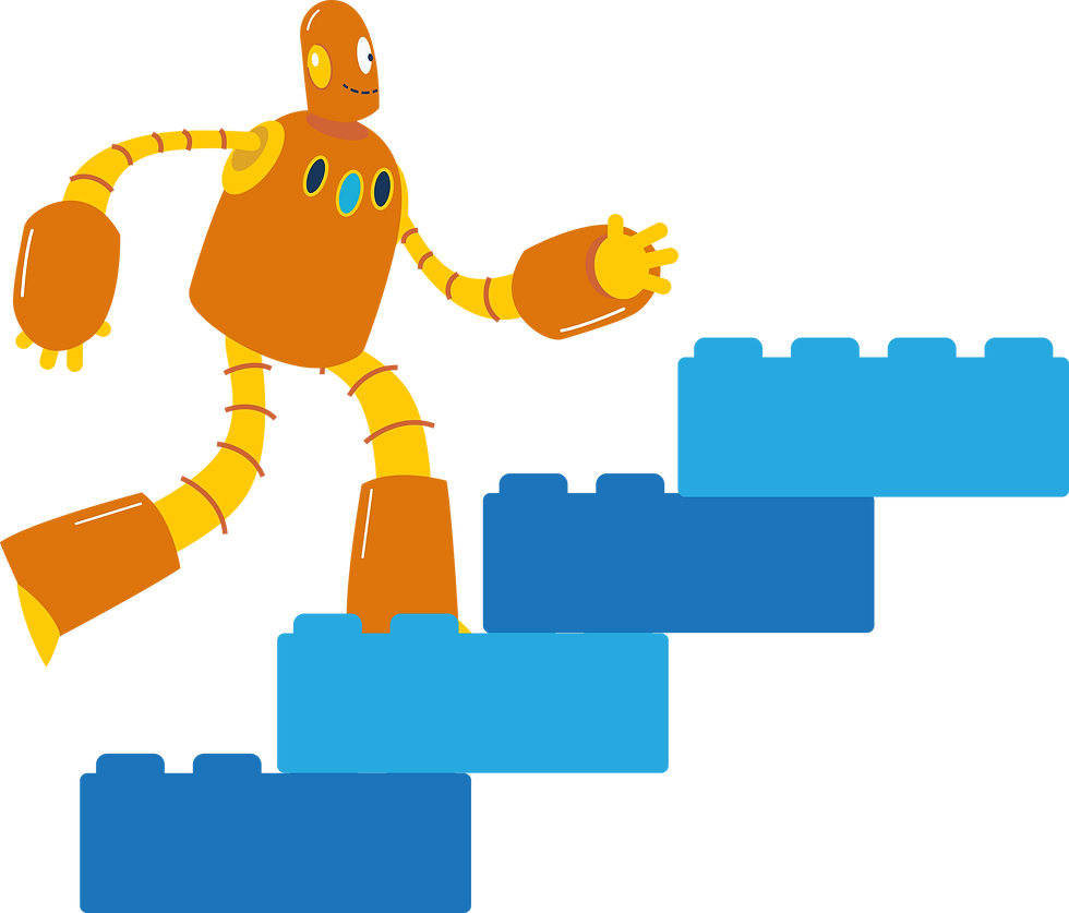 Moby, the orange robot, climbs a staircase made out of Legos.