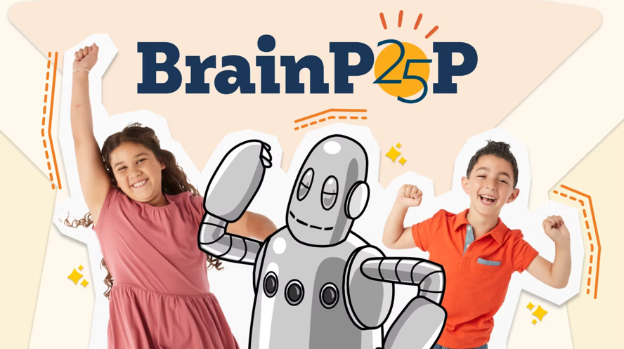 Excited children and Moby the silver robot celebrate BrainPOP's 25th anniversary