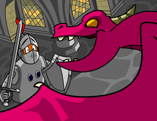 Illustration from BrainPOP Jr.'s Theme topic showing Moby as a knight in armor with a sword and shield facing a large pink dragon inside a stone castle.