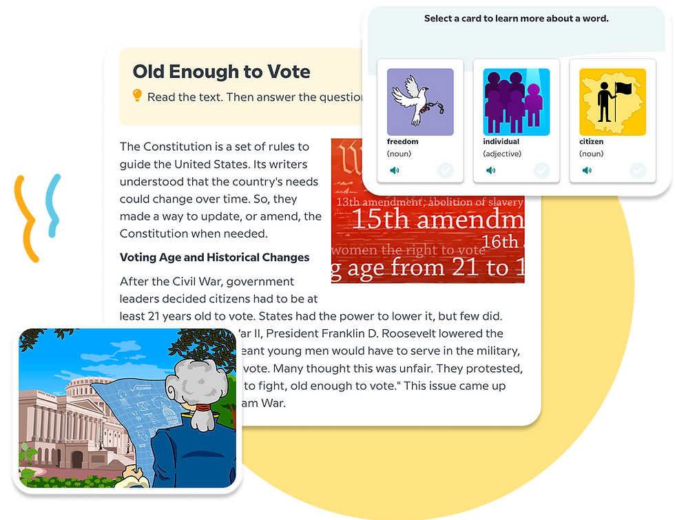 BrainPOP's Bill of Rights topic showing a Connected Text titled 'Old Enough to Vote,' with vocabulary cards for 'freedom,' 'individual,' and 'citizen,' and an illustration of Moby reading near the Capitol building.