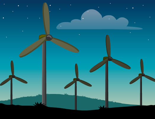 Illustration from BrainPOP Jr.'s Energy Sources topic showing a row of wind turbines on a hillside against a starry night sky.