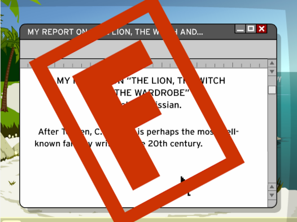 Illustration of an essay, graded F, with the title "My Report on The Lion, The Witch, and The Wardrobe." From BrainPOP's topic on Plagiarism.