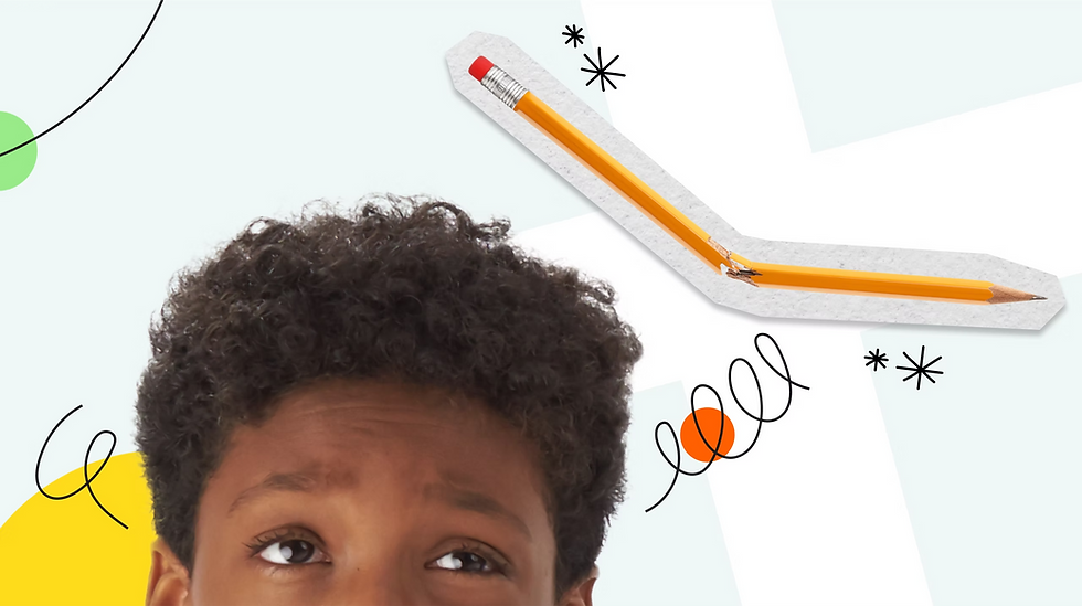 Close-up of a student's face looking up at a floating pencil, surrounded by decorative stars and squiggles.