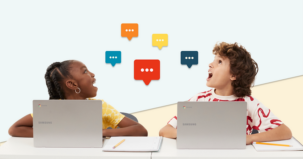 Two students sit with laptops, looking excitedly at speech bubbles in between them.