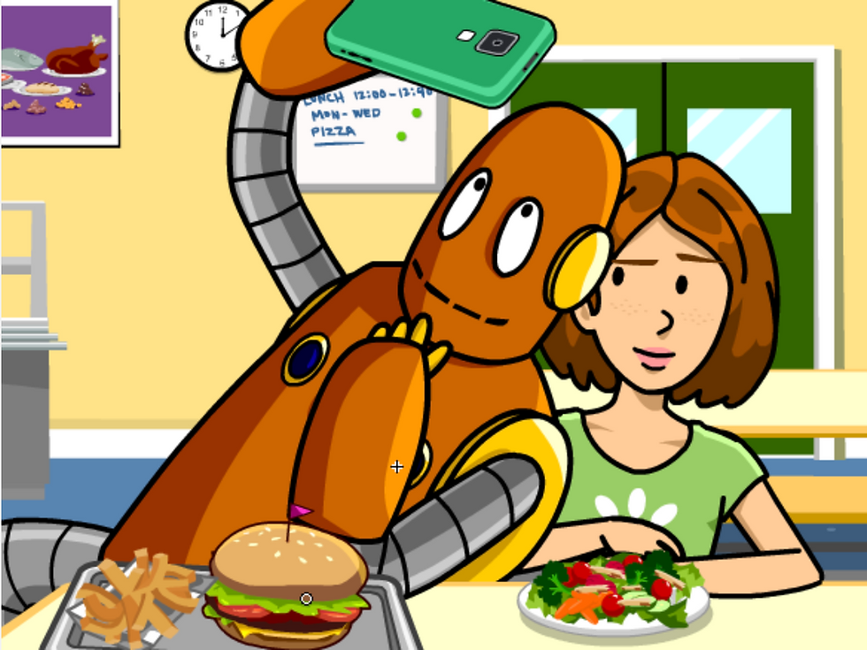 Moby takes a selfie using a phone in the cafeteria with Cassie. From BrainPOP's topic on Online Safety. 