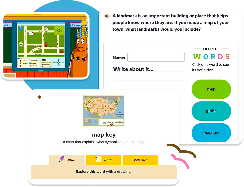 BrainPOP Jr.'s Reading Maps topic showing a Write About It prompt asking students to identify local landmarks, a Word Play definition for 'map key,' and a video thumbnail of a map on a screen